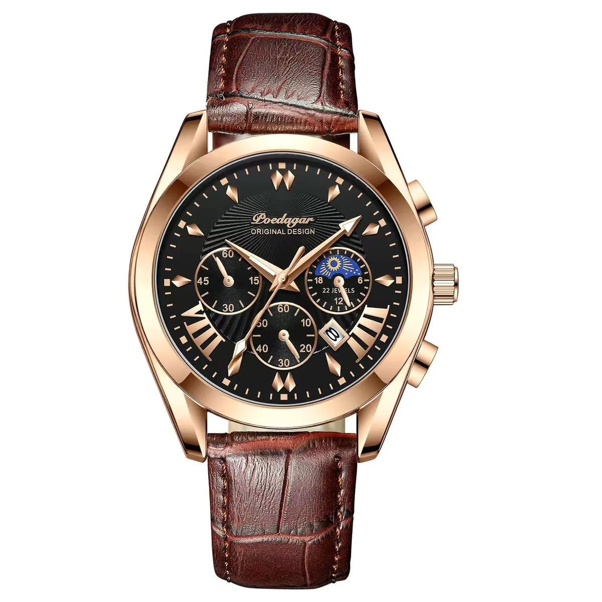 Men's Leather Strap Watch with Stopwatch