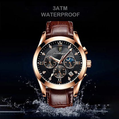 Men's Leather Strap Watch with Stopwatch