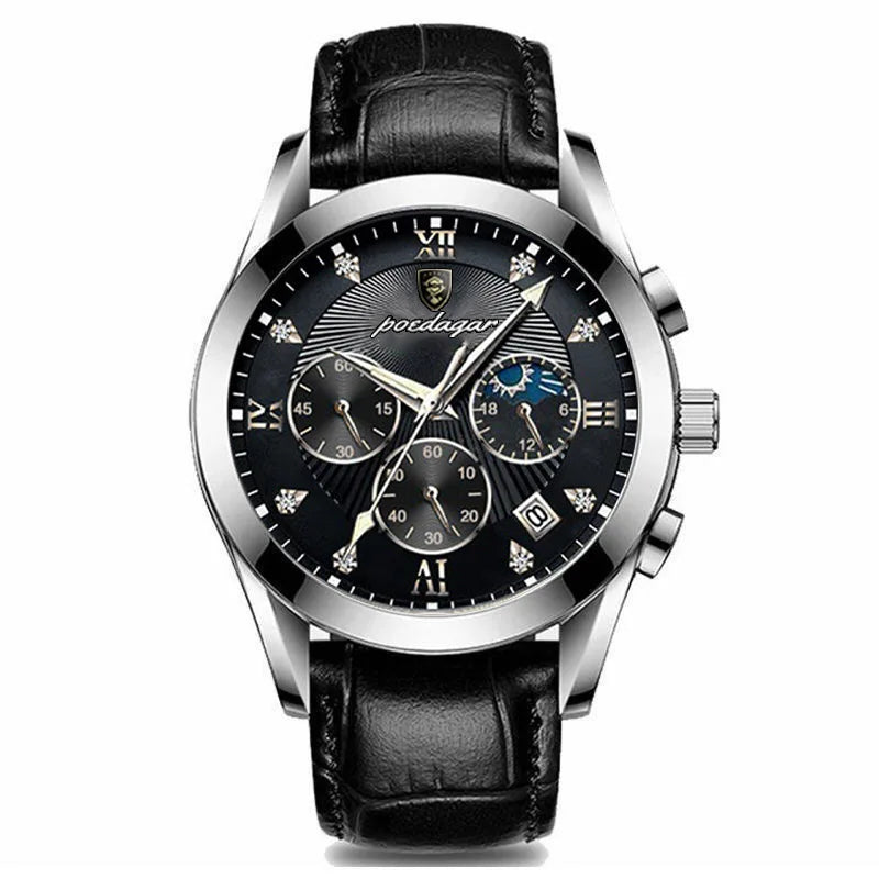 Men's Leather Strap Watch with Stopwatch