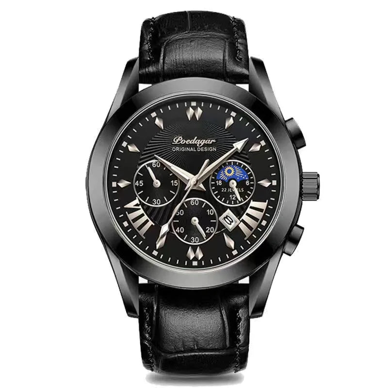 Men's Leather Strap Watch with Stopwatch