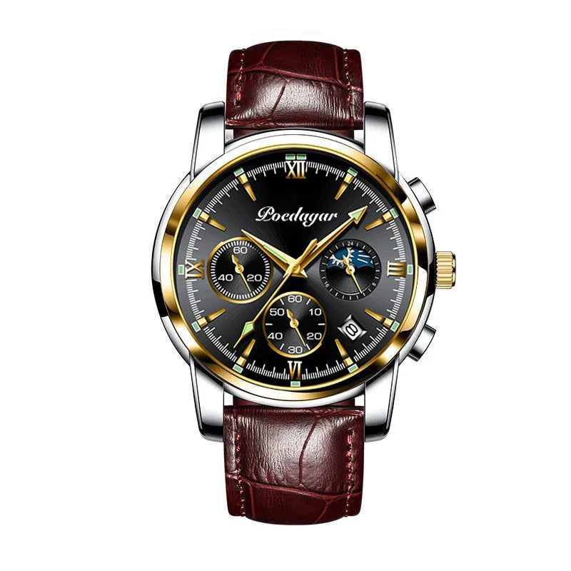 Men's Leather Strap Watch with Stopwatch