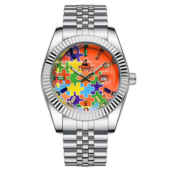 Men's stainless steel five-link bracelet watch with date display
