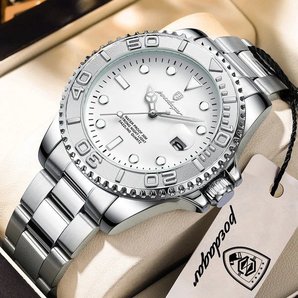POEDAGAR men's stainless steel quartz watch with round case and luminous hands