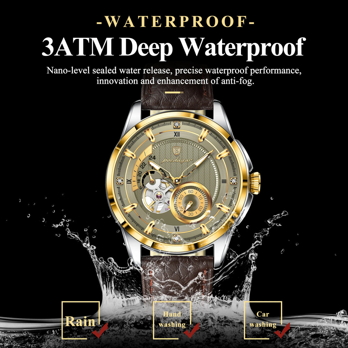 Men's Automatic Tourbillon Watch, Leather Strap