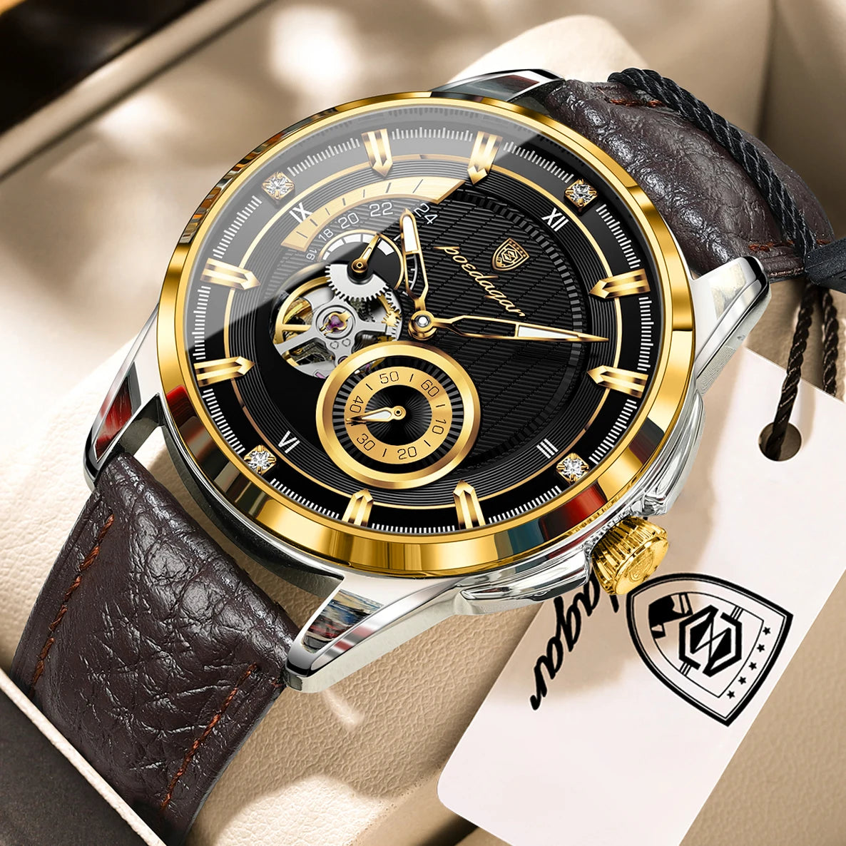Men's Automatic Tourbillon Watch, Leather Strap
