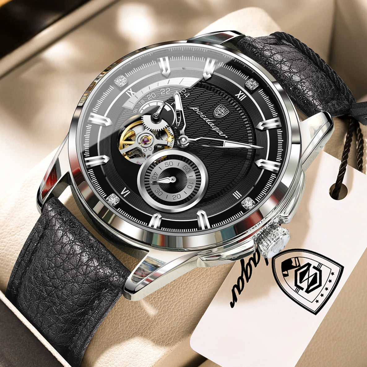 Men's Automatic Tourbillon Watch, Leather Strap